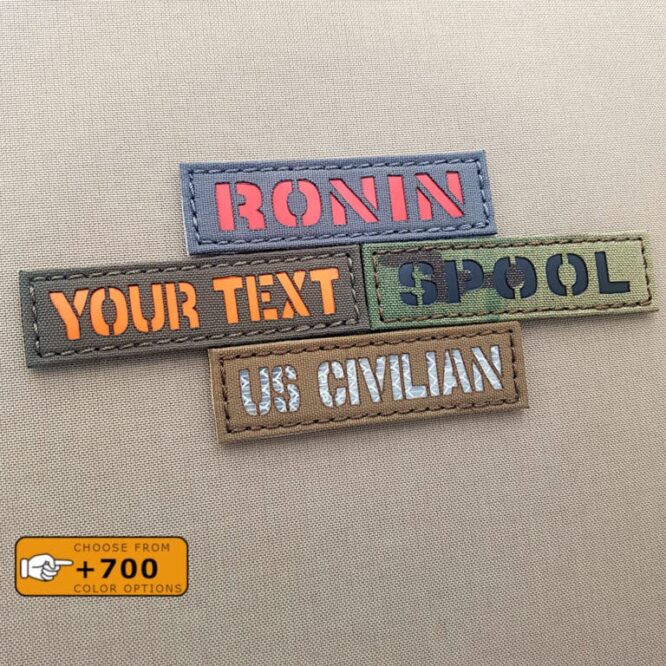 Samples of custom's patches in diferent fabrics and colors/texts