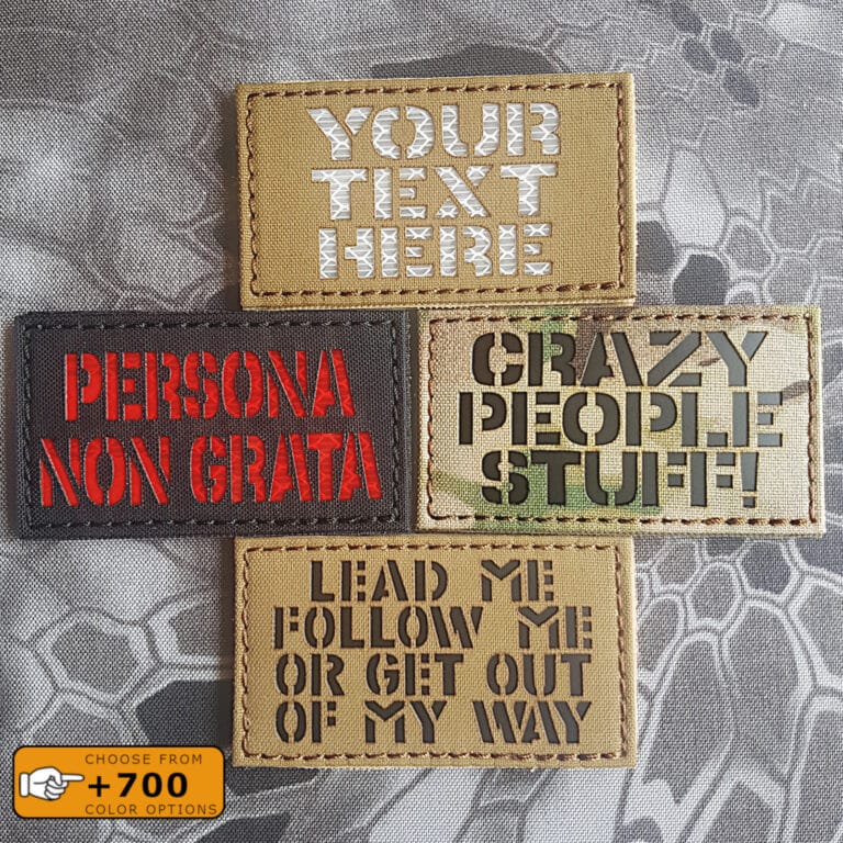 Samples of custom's patches in diferent fabrics and colors/texts