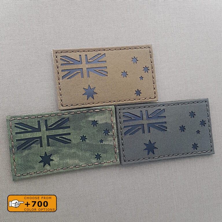 Three patches of the Australia Flag all of them with size 2"x3.5" in diferent fabrics and the IR text