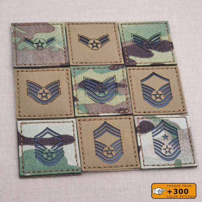 USAF Enlisted Ranks 2"x2" Chief Senior Master Staff Sergeant Airman First Class Military Laser Cut Velcro Brand Patch