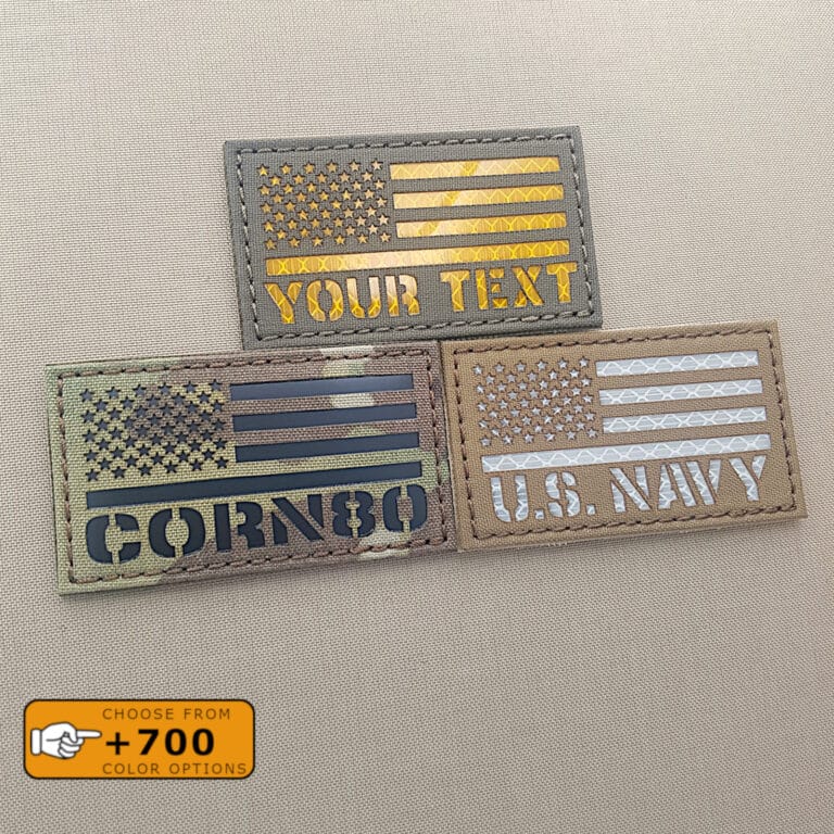 Samples of custom's patches with the USA Flag and one text in diferent fabrics and colors/texts