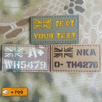 Samples of custom's patches with the UK Flag and two text in diferent fabrics and colors/texts