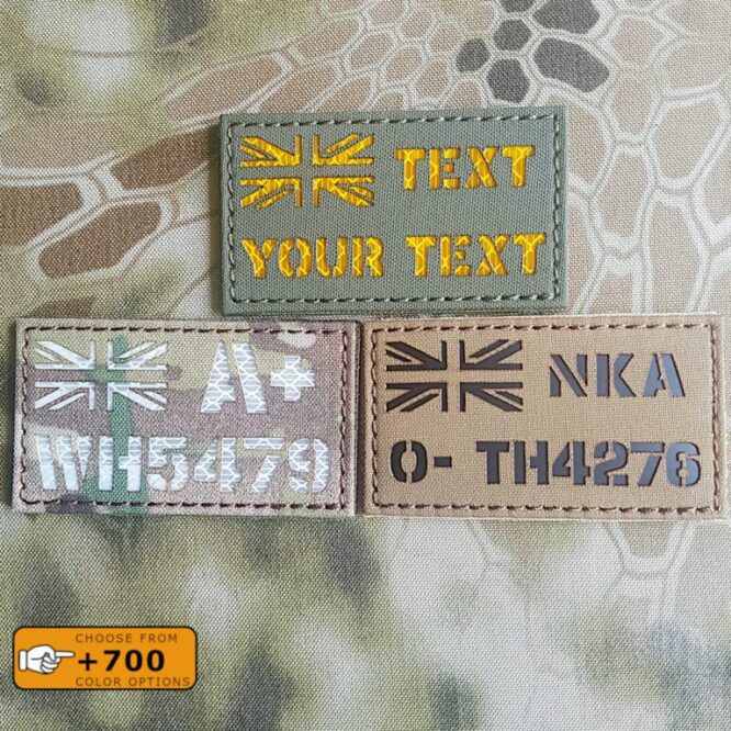 Samples of custom's patches with the UK Flag and two text in diferent fabrics and colors/texts