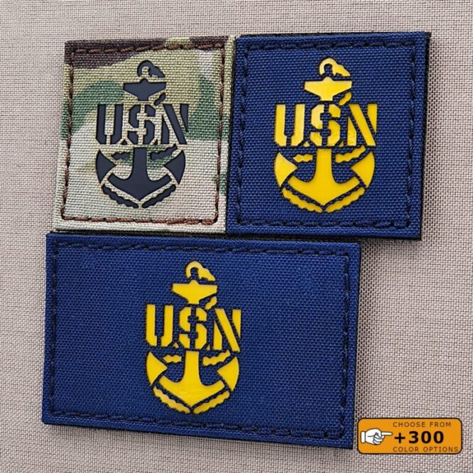 Three patches with the US Navy CPO anchor flag, two in Multicam IR and one in Royal Blue with reflective yellow