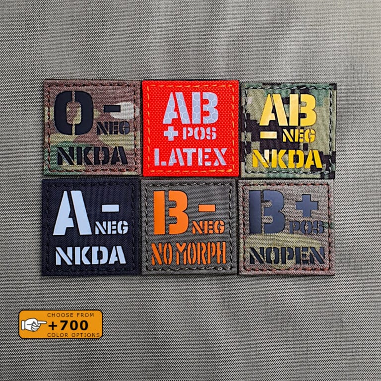 Six patches of Blood Type and allergies: all of them with size 2"x2" in diferent fabrics and colors/texts