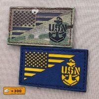 Two patches with the US and the US Navy CPO anchor flags in Multicam IR and Royal Blue with reflective yellow