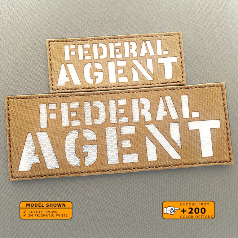 Set of 2 Patches 2"x5" and 4"x8" Coyote Brown 3M prismatic white with the text Federal Agent