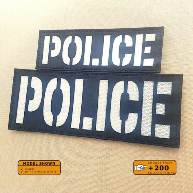 Set of 2 Patches 2"x5" and 4"x8" Black 3M prismatic white with the text Police