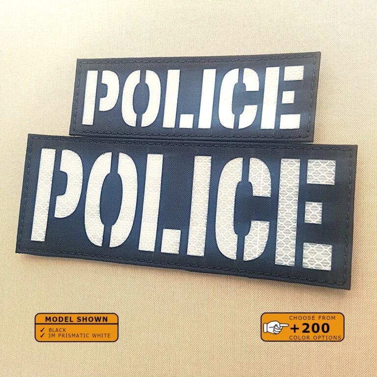 Set of 2 Patches 2"x5" and 4"x8" Black 3M prismatic white with the text Police