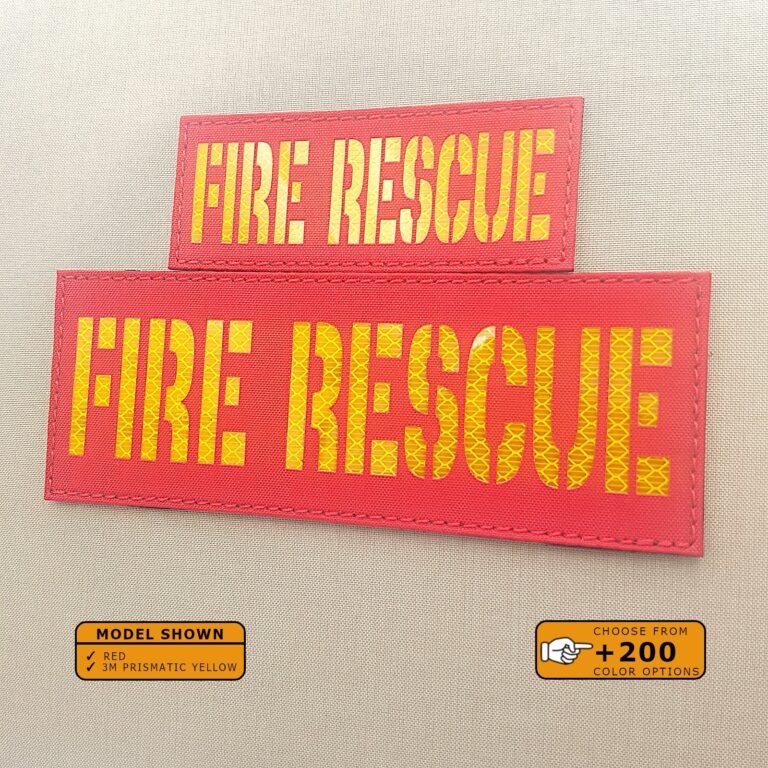 Set of 2 Patches 2"x5" and 4"x8" Red 3M prismatic yellow with the text Fire Rescue