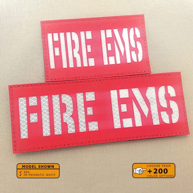 Set of 2 Patches 2"x5" and 4"x8" Red 3M prismatic White with the text Fire EMS