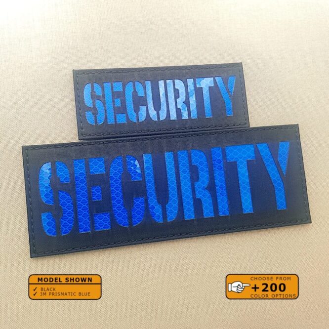 Set of 2 Patches 2"x5" and 4"x8" Black 3M prismatic Blue with the text Security