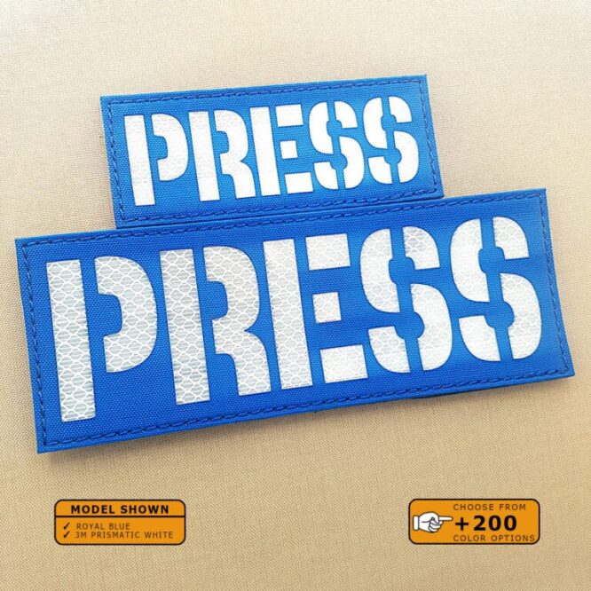 Set of 2 Patches 2"x5" and 4"x8" Royal Blue 3M prismatic white with the text Press