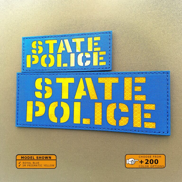 Set of 2 Patches 2"x5" and 4"x8" Royal Blue 3M prismatic yellow with the text State Police