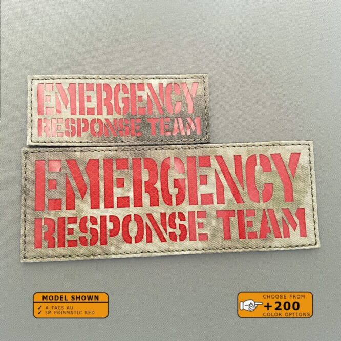 Set of 2 Patches 2"x5" and 4"x8" A Atacs AU 3M prismatic Red with the text Emergency Response Team