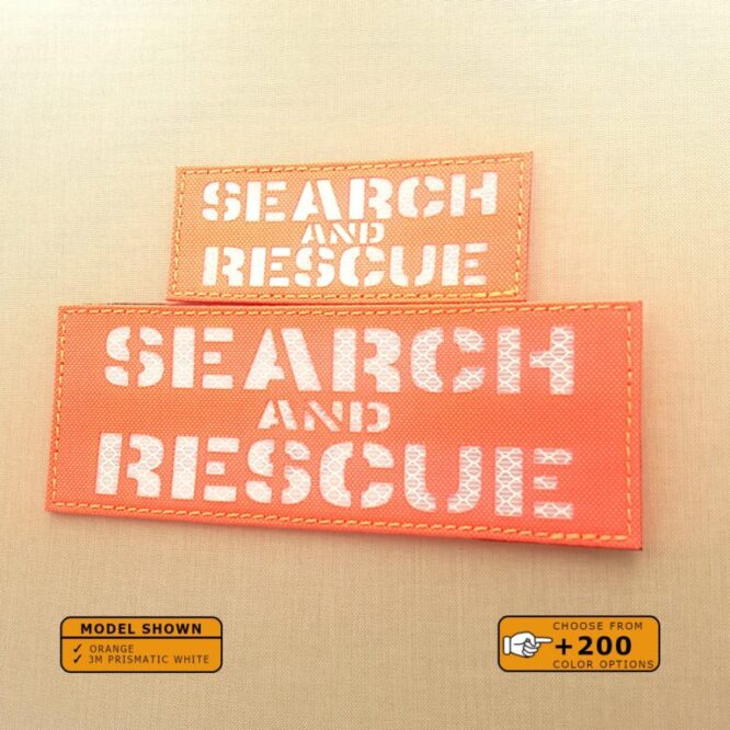 Set of 2 Patches 2"x5" and 4"x8" Orange 3M prismatic White with the text Search and Rescue