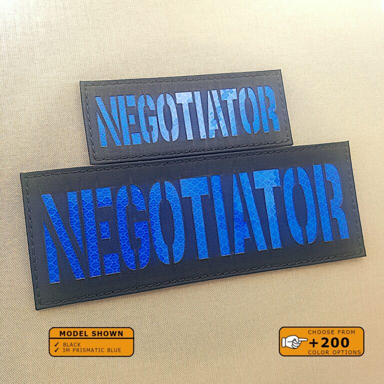 Set of 2 Patches 2"x5" and 4"x8" Black 3M prismatic Blue with the text Negotiator