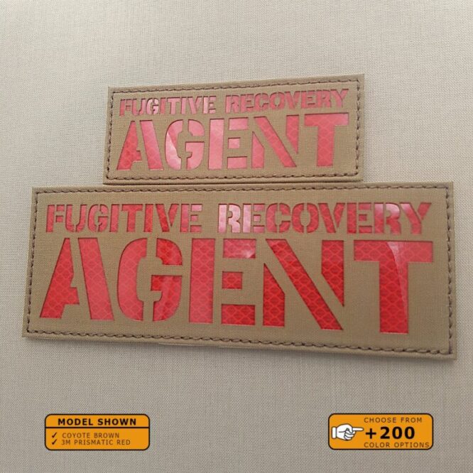 Set of 2 Patches 2"x5" and 4"x8" Coyote Brown 3M prismatic Red with the text Fugitive Recovery Agent