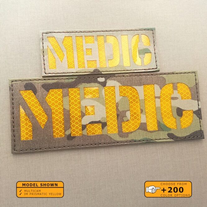 Set of 2 Patches 2"x5" and 4"x8" Multicam 3M Prismatic yellow with the text Medic