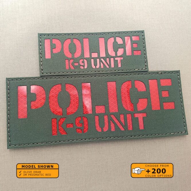 Set of 2 Patches 2"x5" and 4"x8" Olive Drab 3M prismatic Red with the text Police k-9 Unit