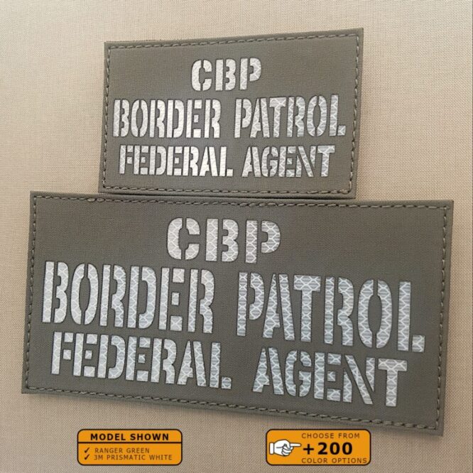 Set of 2 Patches 3"x5" and 4"x10" Ranger Green 3M Prismatic White with the text CBP Border Patrol Federal Agent