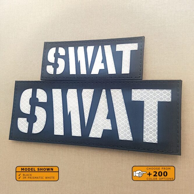 Set of 2 Patches 2"x5" and 4"x8" Black 3M Prismatic White with the text SWAT
