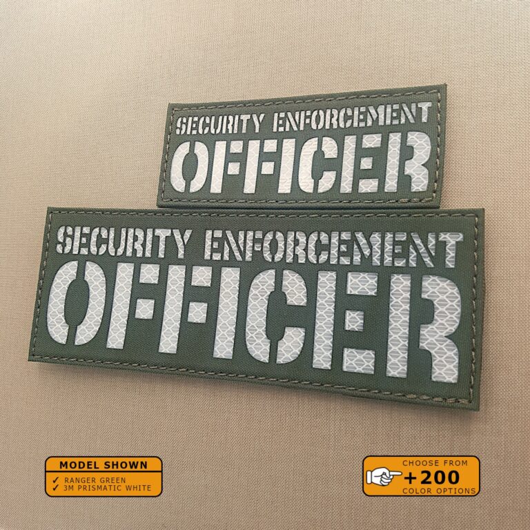 Set of 2 Patches 2"x5" and 4"x8" Ranger Green 3M Prismatic White with the text Security Enforcement OfficerFirearms Instructor