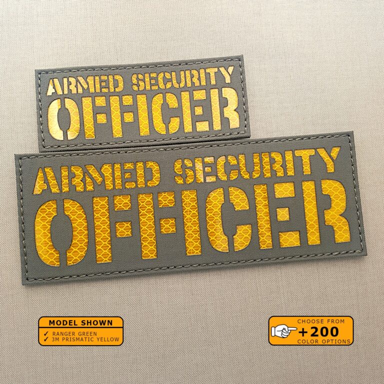Set of 2 Patches 2"x5" and 4"x8" Ranger Green 3M prismatic yellow with the text Armed Security Officer