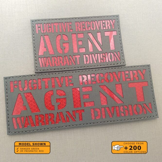 Set of 2 Patches 3"x5" and 4"x10" Ranger Green 3M Prismatic Red with the text Fugitive Recovery Agent Warrant Division