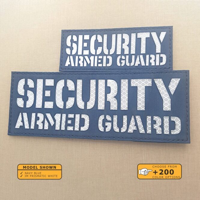 Set of 2 Patches 2"x5" and 4"x8" Navy Blue 3M Prismatic White with the text Security Armed Guard