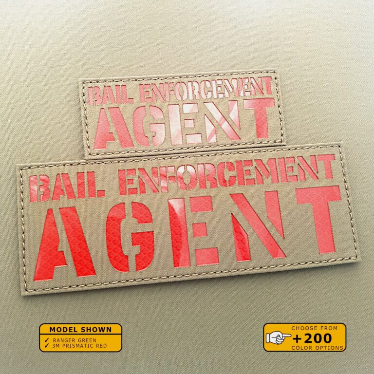 Set of 2 Patches 2"x5" and 3"x8" Ranger Green 3M prismatic Red with the text Bail Enforcement Agent