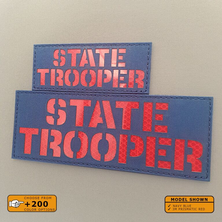 Set of 2 Patches 2"x5" and 3"x8" Navy Blue 3M prismatic Red with the text State Trooper