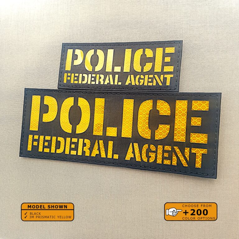 Set of 2 Patches 2"x5" and 3"x8" Black 3M prismatic yellow with the text Police Federal Agent