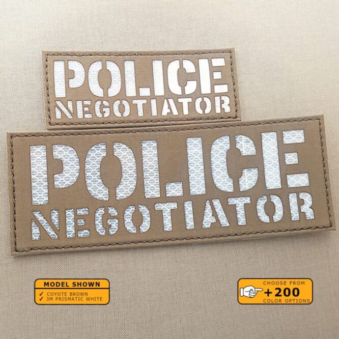 Set of 2 Patches 2"x5" and 3"x8" Coyote 3M prismatic White with the text Police Negotiator