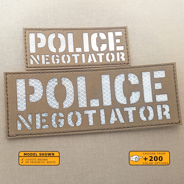 Set of 2 Patches 2"x5" and 3"x8" Coyote 3M prismatic White with the text Police Negotiator