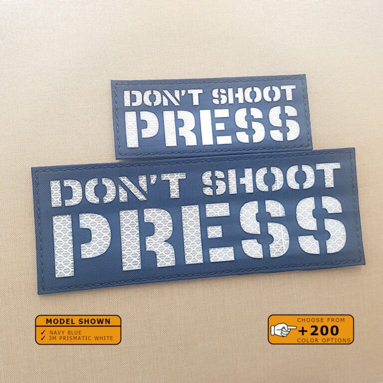 Set of 2 Patches 2"x5" and 3"x8" Navy Blue 3M prismatic White with the text Don't Shoot Press
