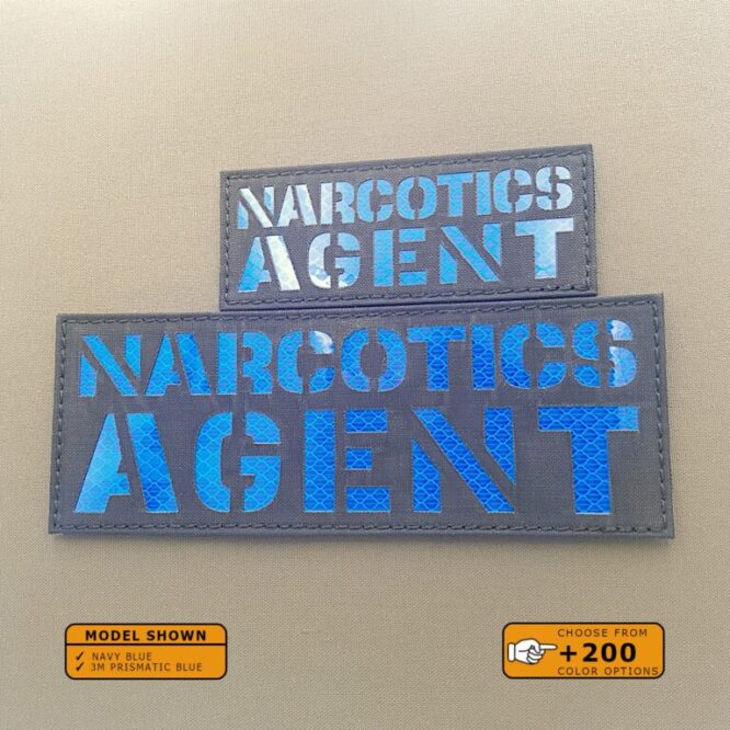 Set of 2 Patches 2"x5" and 4"x8" Navy Blue 3M Prismatic Blue with the text Narcotics Agent