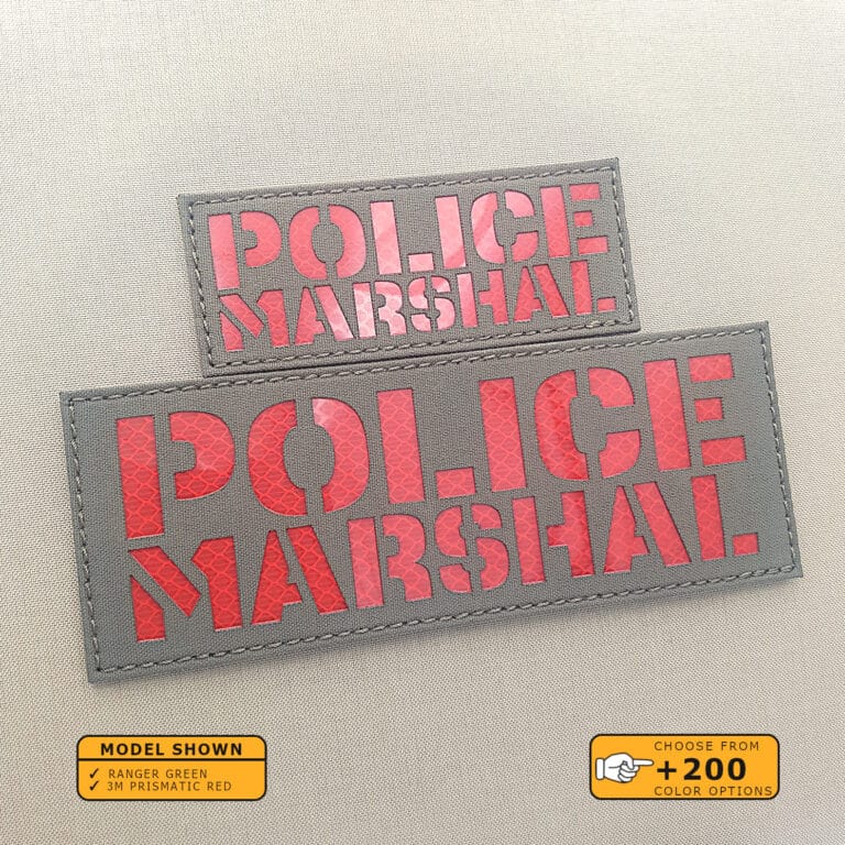 Set of 2 Patches 2"x5" and 3"x8" ranger green 3M prismatic red with the text Police marshal