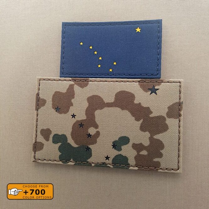 Two patches of the Alaska flag.: one with size 2"x3.5" in Navy Blue background with solid yellow and the other one with size 3"x5" in Tropentarn background Infrared 8IR)