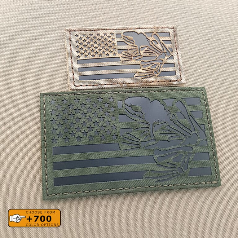Two patches of the US flag with the Bone Frog of the Navy SEALs: one with size 2"x3.5" in AOR 1 (Digital Desert) with infrared (IR) and the other one with size 3"x5" in OD green (Olive Drab) with infrared (IR)