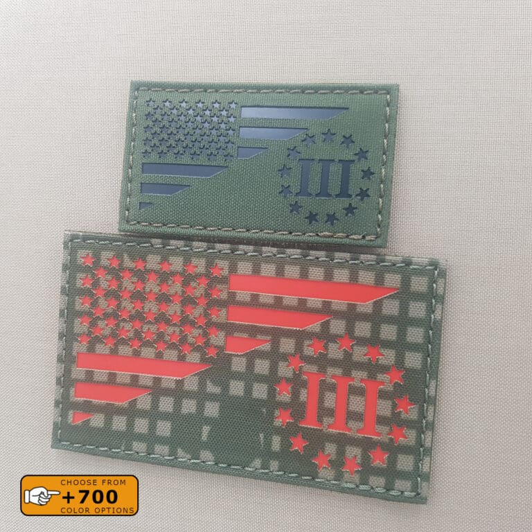 Two patches of the friendshiip flag Three Percenter and USA: one with size 2"x3.5" in OD Green with IR and another one with size 3"x5" in Desert Night with solid red