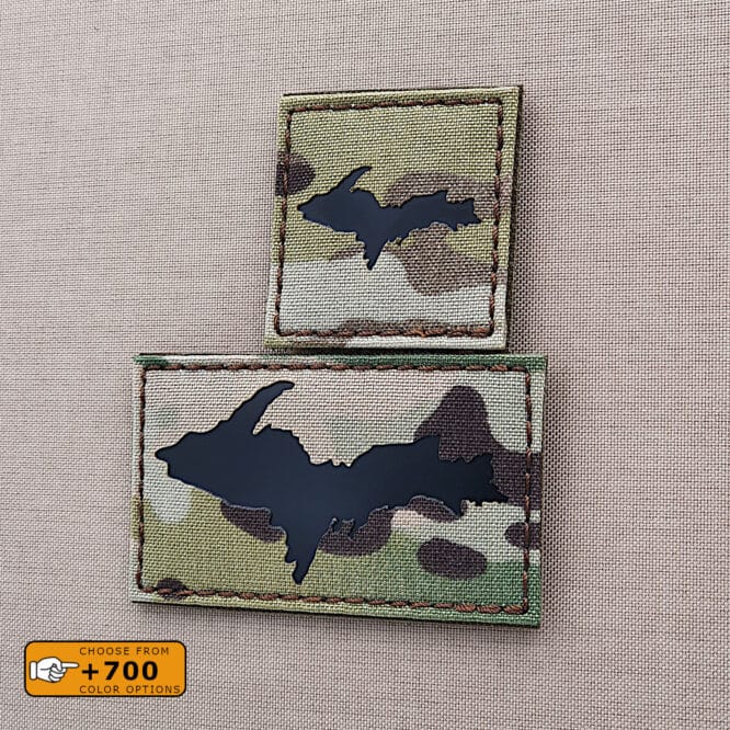 Two patches of the Upper Peninsula Michigan Yooper cutout: one with size 2"x2" in Multicam background with IR and another one with size 2"x3.5" in Multicam background with IR