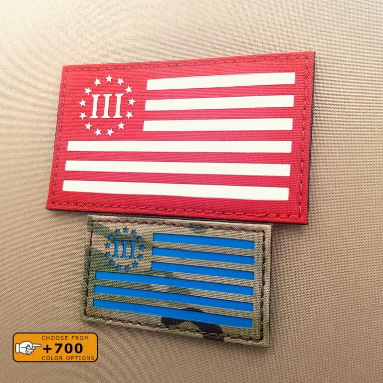 Two patches of the Three Percenter USA flag: one with size 2"x3.5" in Multicam with solid blue and the other one with size 3"x5" in Red with solid white