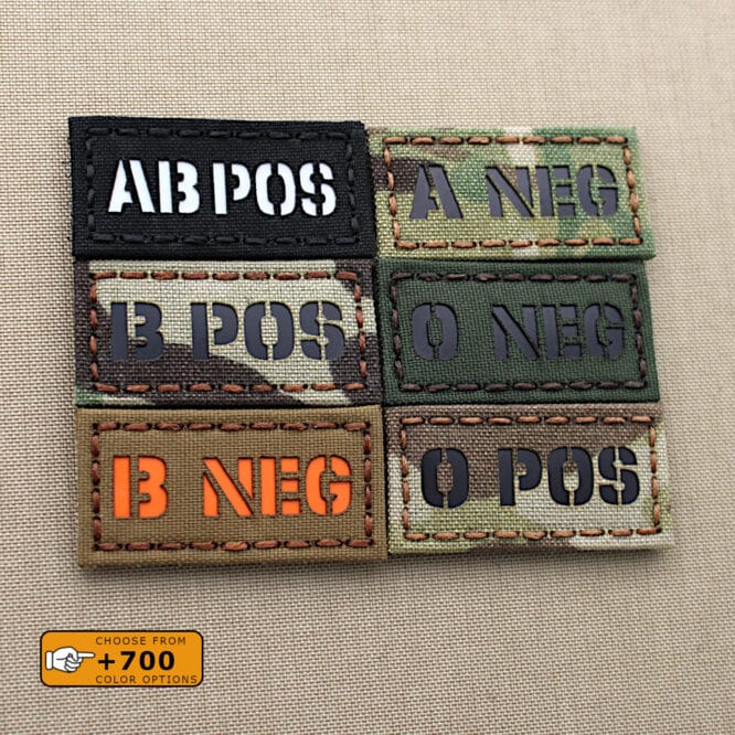 Six patches of blood type: all of them with size 1"x2" in diferent fabrics and colors/texts