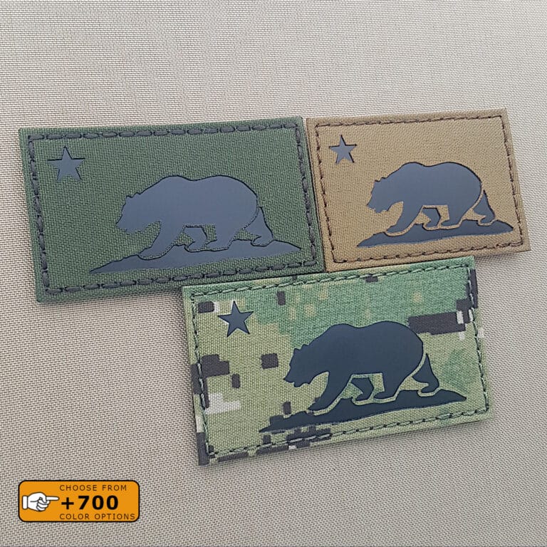 three patches of the California State flag: one with size 2"x3.5" in Olive Drab with (IR), another with size 2.1"x4" in AOR II (IR) and the other one with size 2"x3" in Coyote (IR)