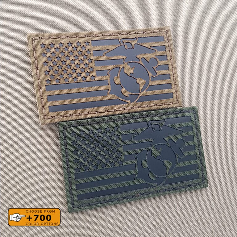 Two patches of the USMC badge in USA flag with size 2"x3.5" one in Coyote Brown Background and the another in Olive Drab and the two texts in Infrared (IR)