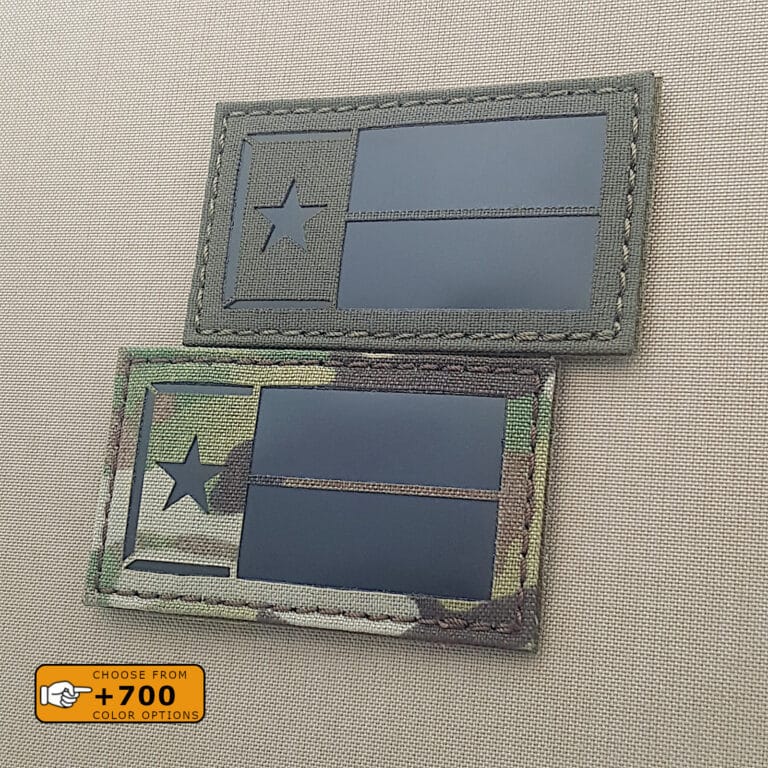 Two patches of the Texas Lone Star flag with size 2"x3.5" one in Multicam Background and the another in Olive Drab and the two texts in Infrared (IR)