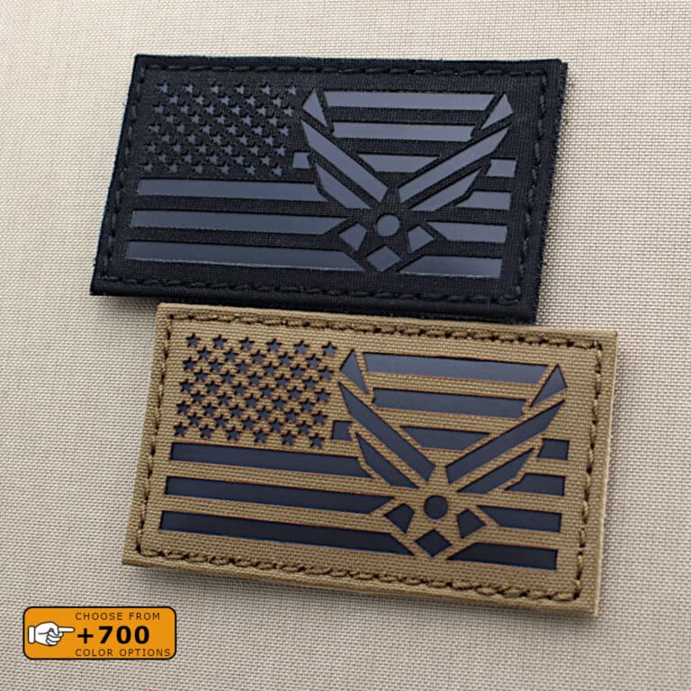 Two patches with the USAF Air Forces in USA Flag one with size 2"x3.5" in black IR and the other one with size 2"x3.5" in Coyote Brown IR