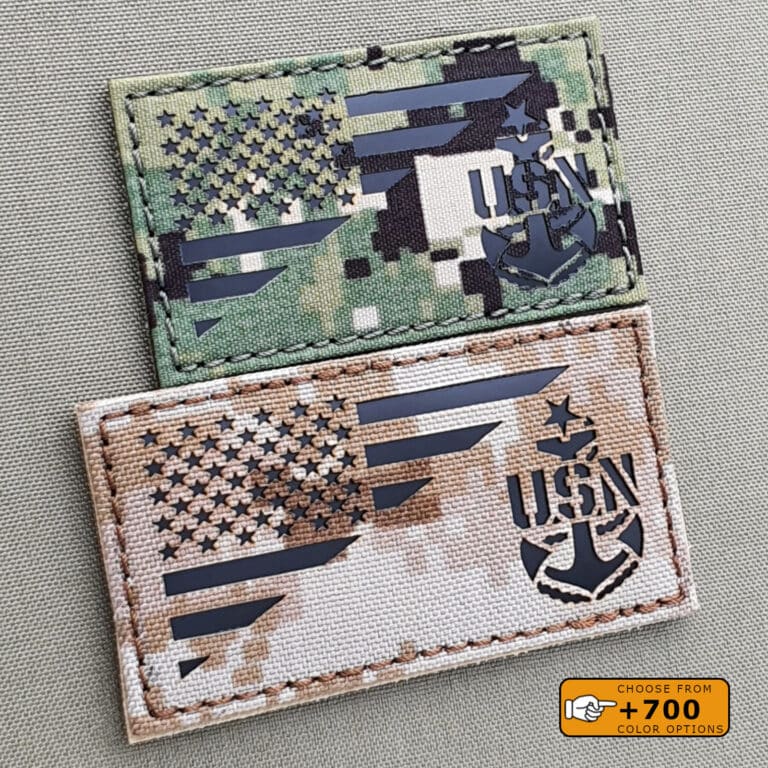 Two patches of the Anchor Senior CPO Chief Petty Officer Usa Flag with size 2"x3.5" one in Aor 2 Background and the other one in Desert Marpat and the two texts in Infrared (IR)