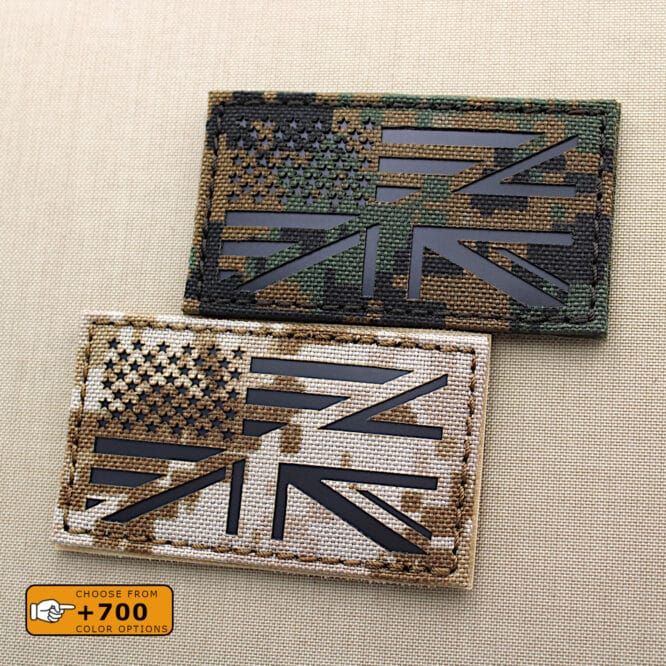Two patches USA UK Union Jack friendship flag with size 2"x3.5" one in desert marpat and the other one in digital woodland Infrared (IR)